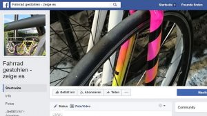 Screenshot Facebook-Seite Fahrrad gestohlen Community