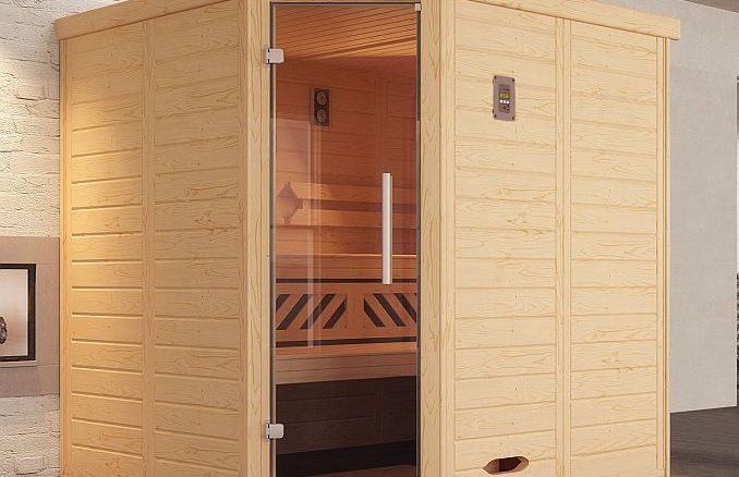 Elementsauna aus Massivholzbohlen: Kemi Eck 1 - Wandstärke: 45 mm | Bild: Weka