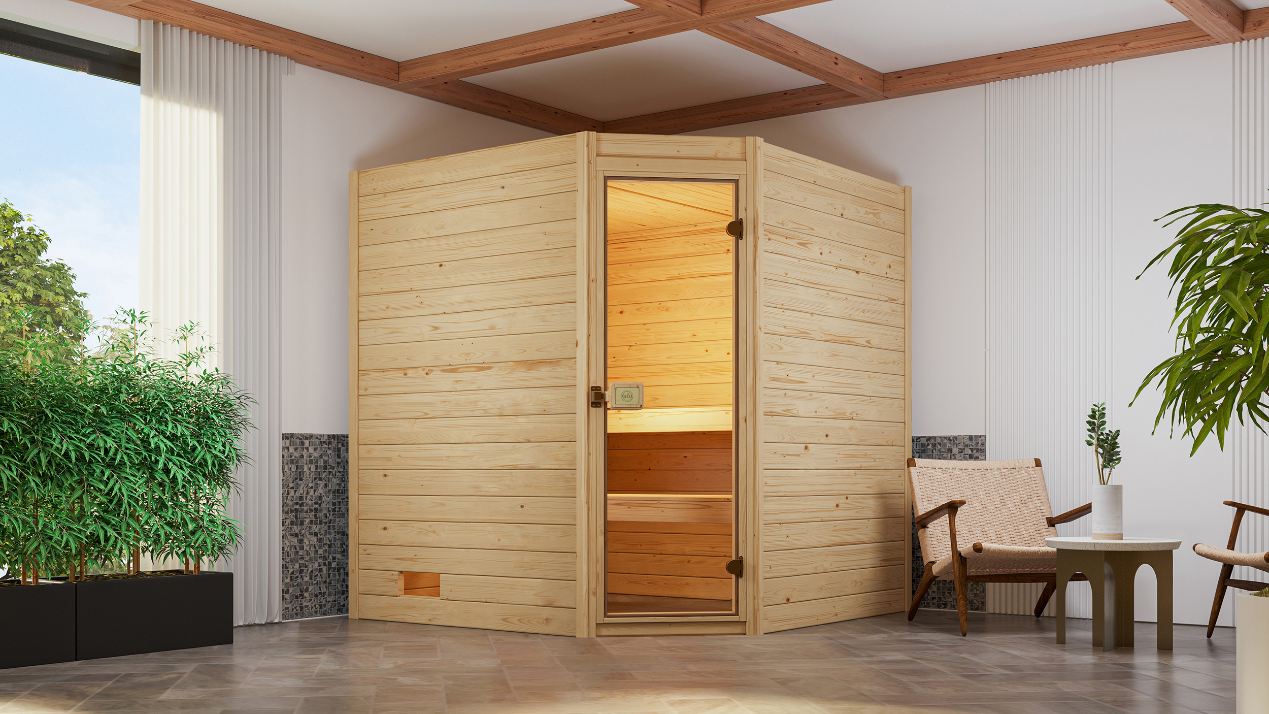 Weka Massivholzsauna VALIDA Eck 1.8 Glastür