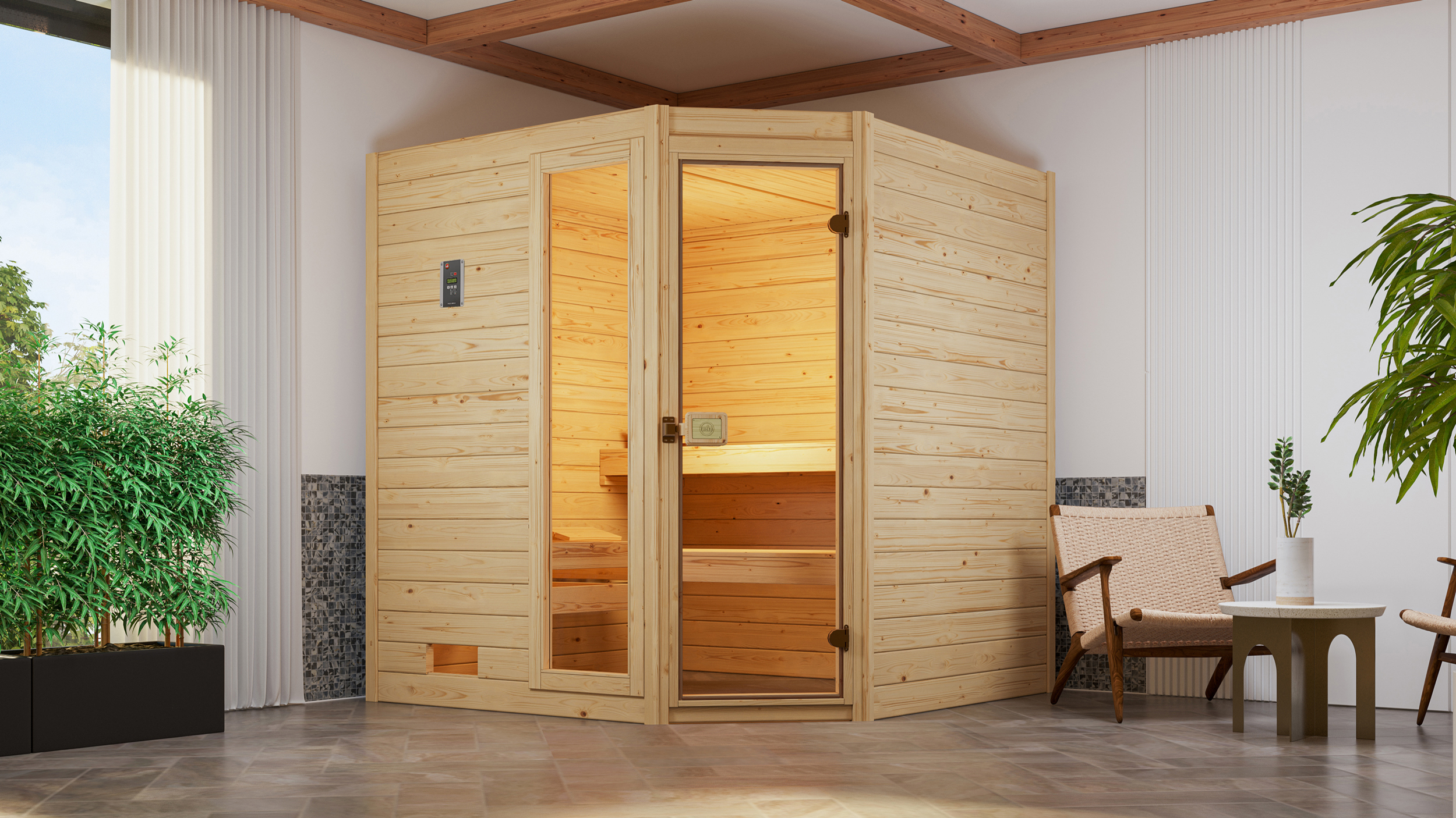 Weka Massivholzsauna VALIDA Eck 1.8 Glastür mit Fenster