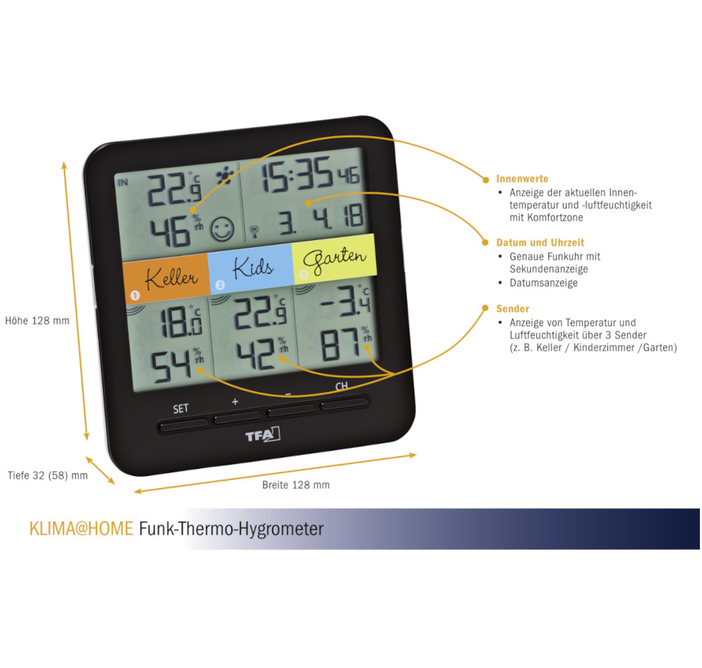 Funk Thermo Hygrometer mit 3 Sendern KLIMA@HOME