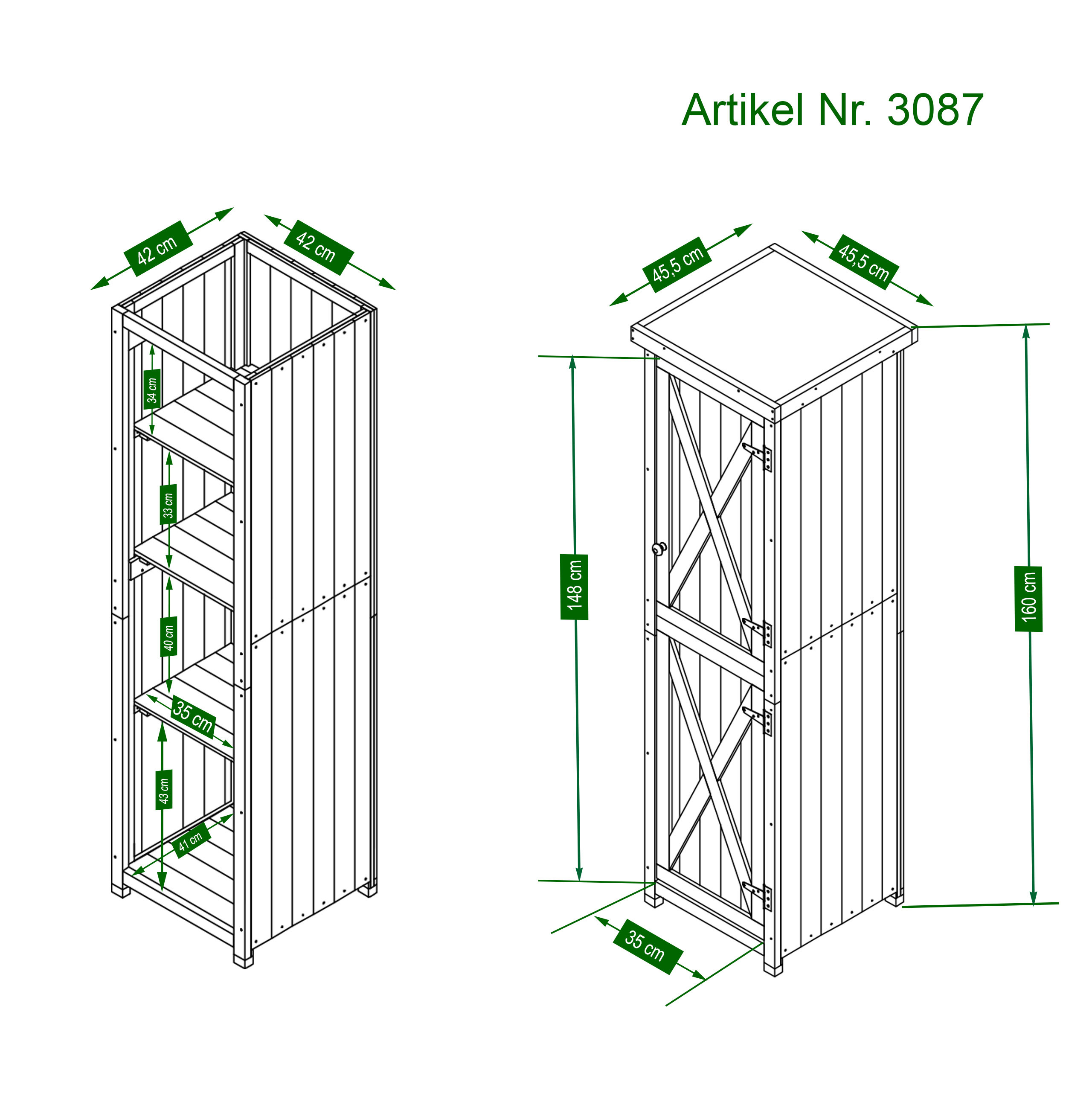 HABAU Gartenschrank Ben mit 3 Einlegeböden 45x45x160cm